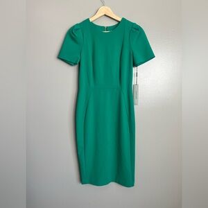 Calvin Klein sheath dress puff sleeves crepe green career office holiday party